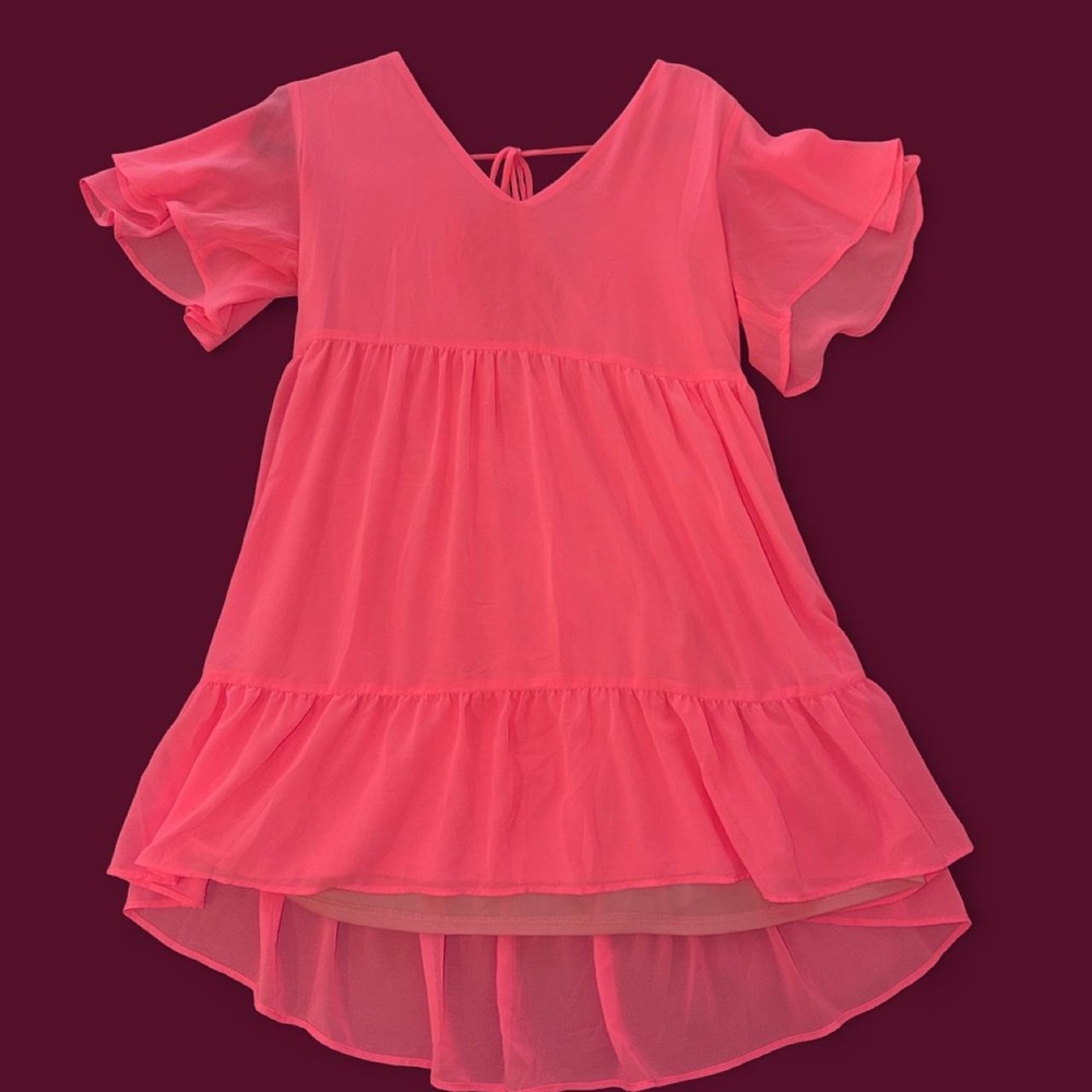 Caramela Hot Pink Chiffon Babydoll Mini Dress Flutter Sleeve Size M
